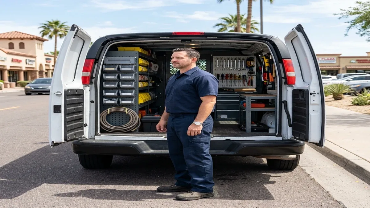 Technician beside a stocked service van, ready for a Scottsdale repair visit
