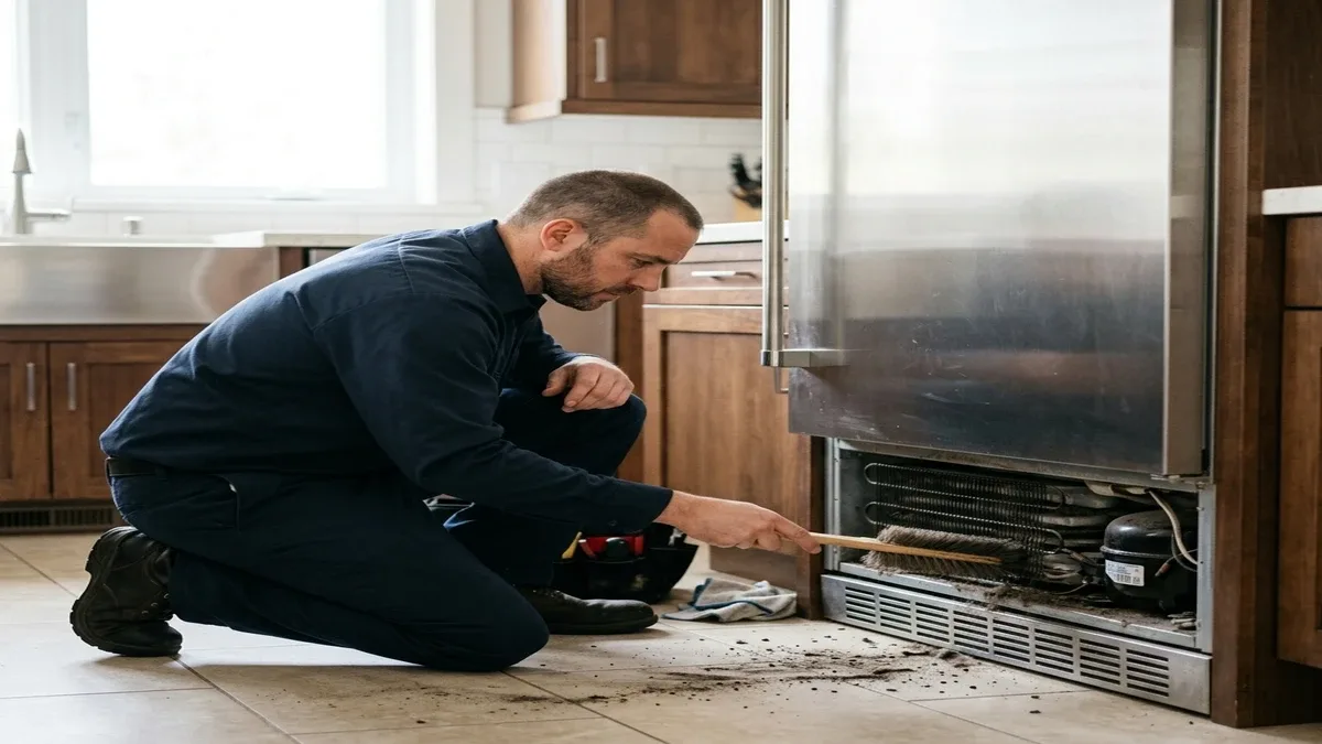 Certified technician servicing the base of a built-in Sub-Zero refrigerator